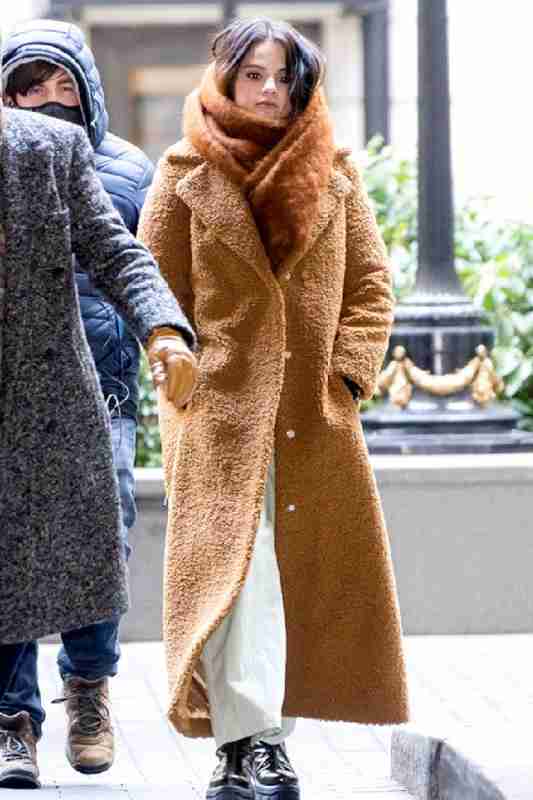 Selena Gomez faux Shearling Brown Long Coat