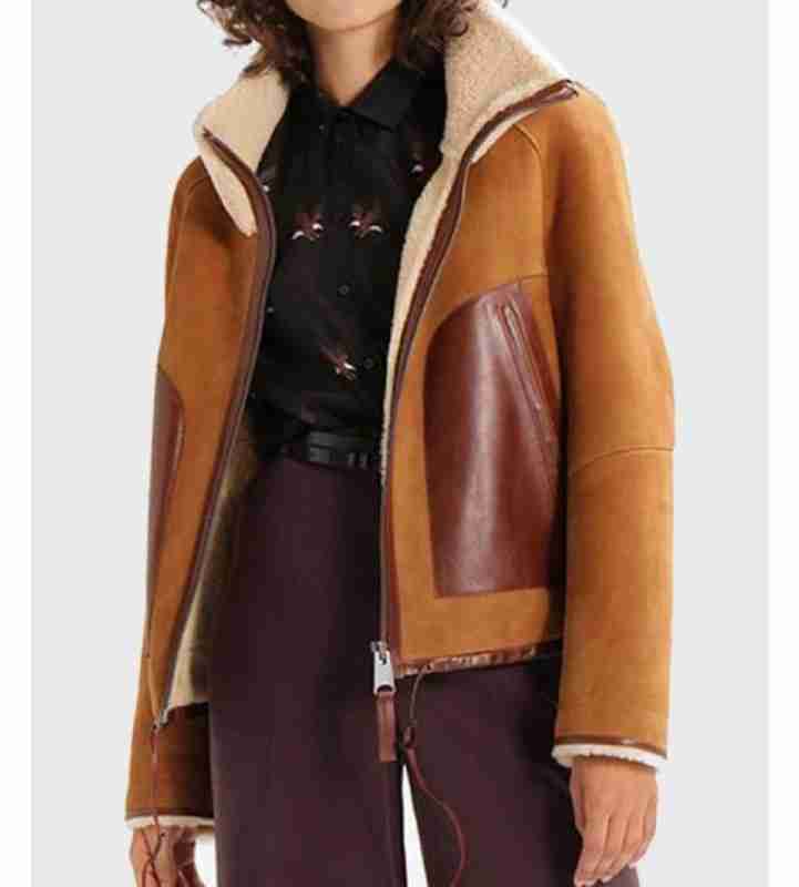 Womens Shearling Collar Brown Leather Jacket