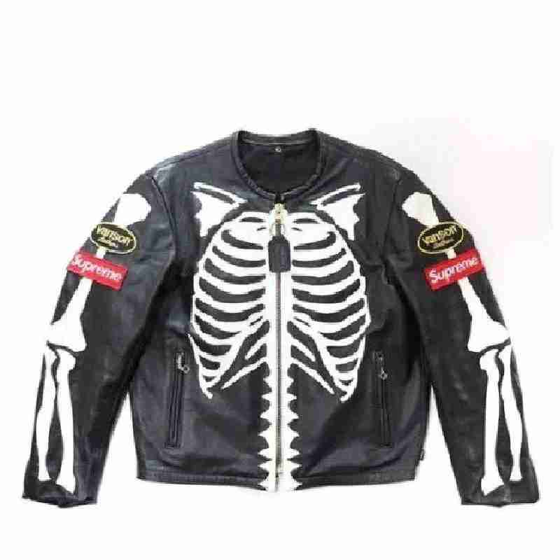 Men’s Skeleton Black Supreme Vanson Zippered Leather Jacket