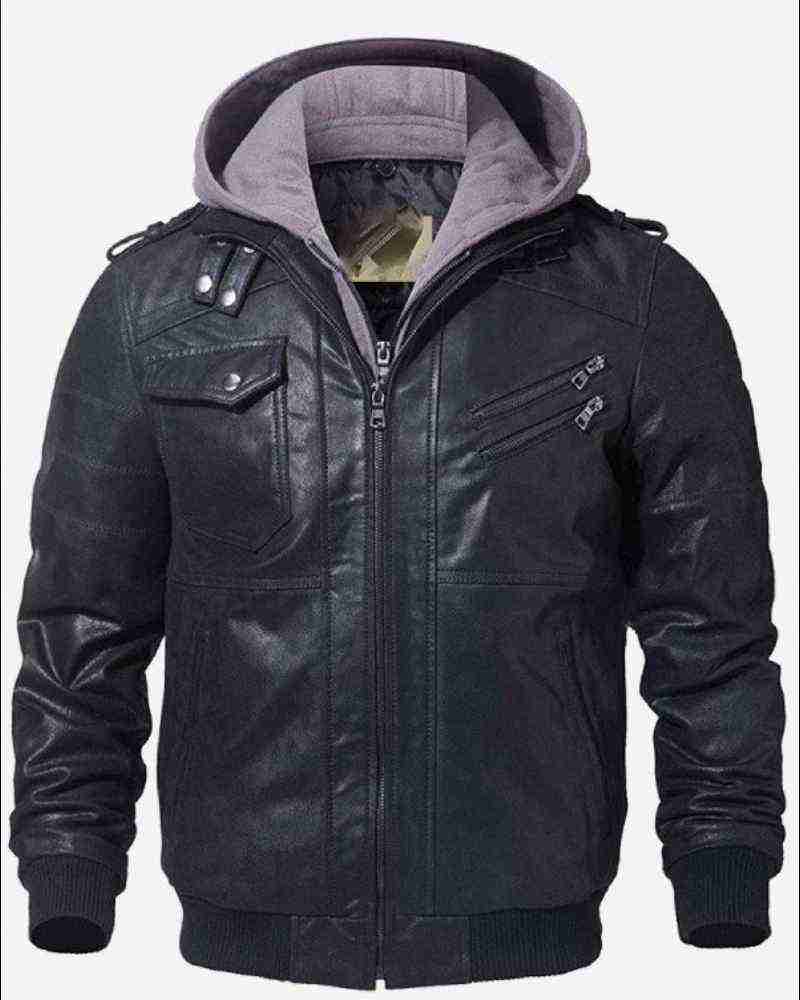 Black Bomber Real Sheepskin Hooded Leather Jacket