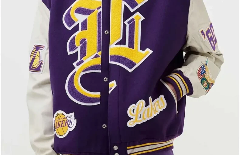LA Lakers Letterman Purple Wool and White Leather Jacket