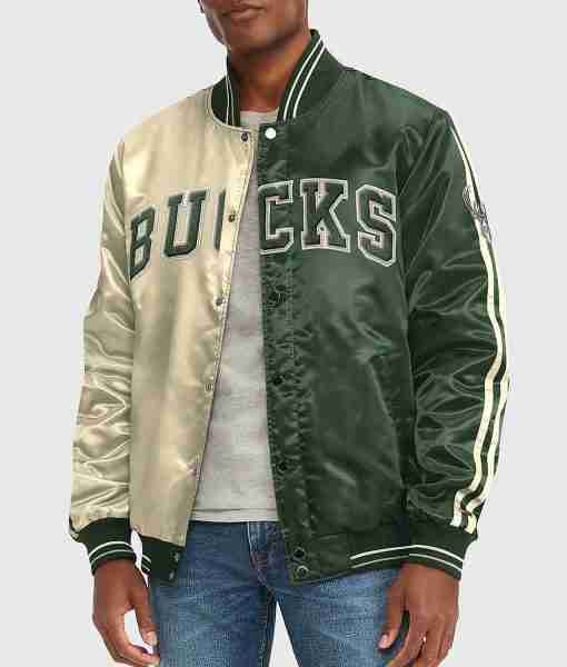 Milwaukee Bucks Off White Green Varsity Satin Jacket