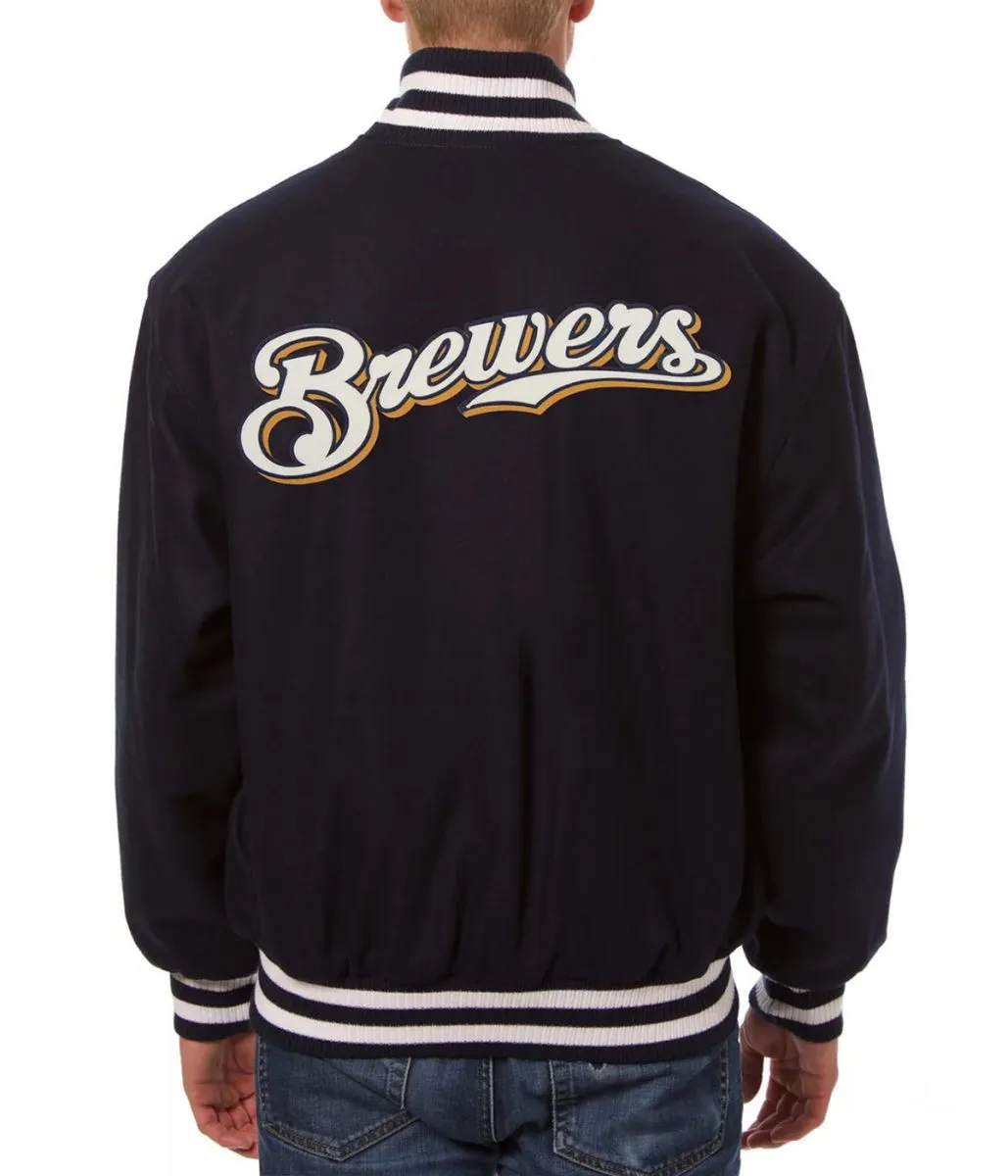 Navy Blue Milwaukee Brewers Handcrafted Logo Varsity Jackets
