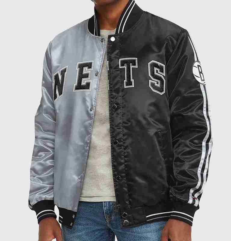 Brooklyn Nets Black and Gray Varsity Satin Jacket