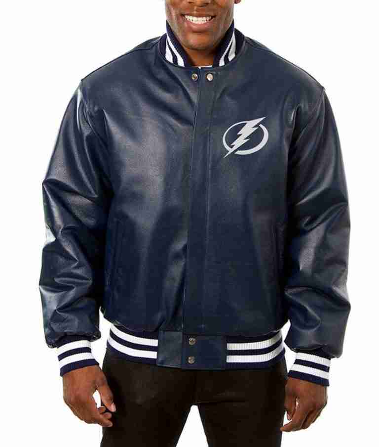 Tampa Bay Lightning Varsity Navy Blue Leather Jacket