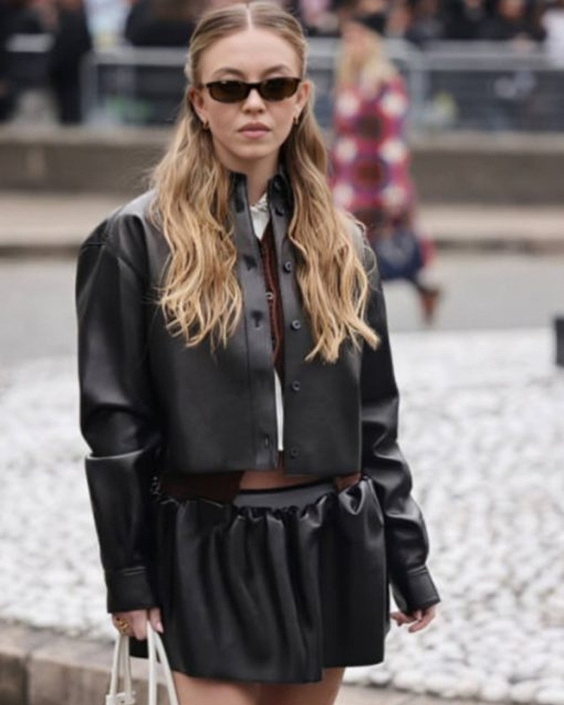 Paris Fashion Week Sydney Sweeney Black Leather Jacket