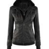 Women’s Stylish Hooded Black Real Leather Jacket