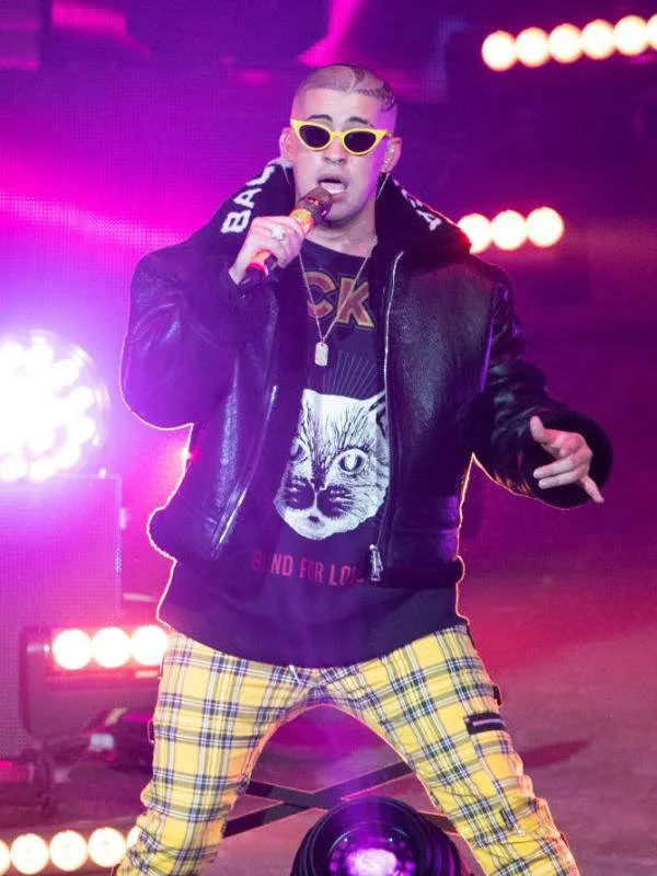 American-Airlines-Arena-Miami-Bad-Bunny-Black-Bomber-Leather-Jacket