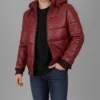 Cart Men’s Maroon Hooded Puffer Leather Jacket