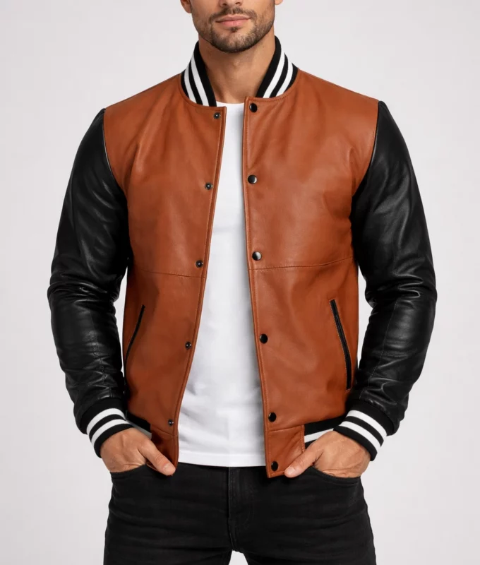 Edge Men’s Brown and Black Varsity Leather Jacket