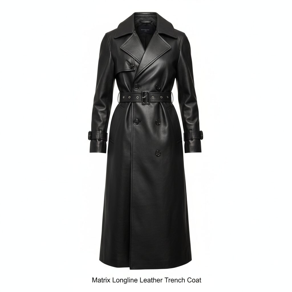 Matrix Longline Leather Trench Coat | Premium Black Sheepskin